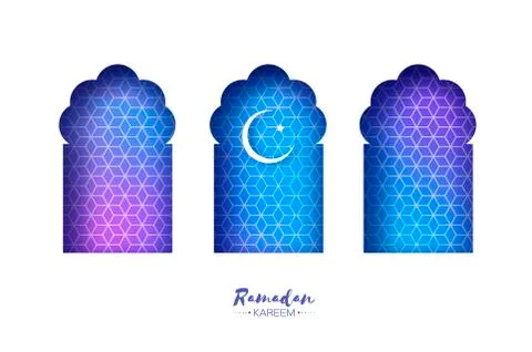 Blue Arabic window arch in paper cut style. Origami Ramadan Kareem greeting Stock Illustration