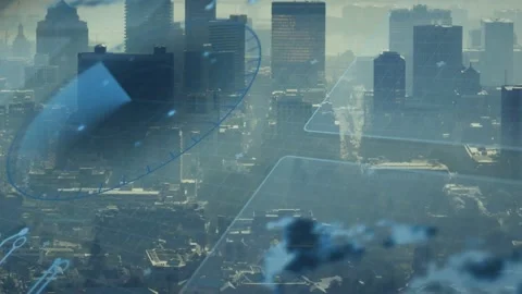 Blue arc appearing over skyline, wedge rotating and neon outline forming to Stock Footage 333720353