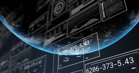 Blue arc sweeping view triggers digital panels activating, displaying live 스톡 동영상 310140442