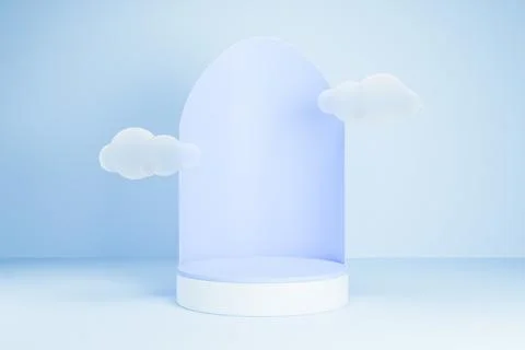 Blue arch podium with soft white clouds on sky background. Ilustración de archivo