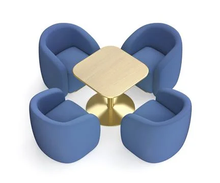 Blue armchairs and a coffee table with golden frame and wooden top Illustration