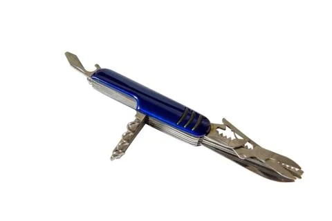 Blue army knife multitool isolated white background Stock Photos