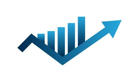 Blue arrow and bar graph indicating upward business growth on white background Stock Illustration