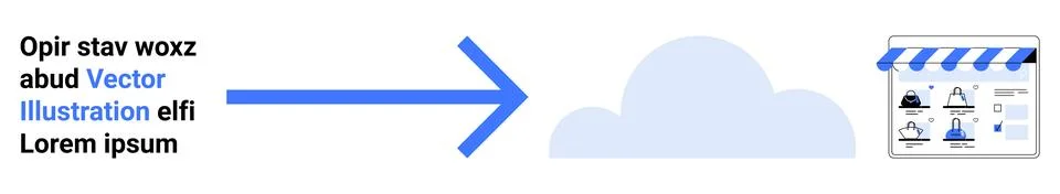 Blue arrow directs from text to cloud symbol and storefront icon, suggesting  Illustrazione stock