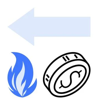 Blue arrow indicating direction above a blue flame and a coin with dollar sig Ilustración de archivo