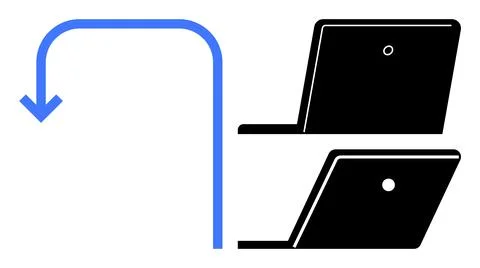 Blue Arrow with Laptops Demonstrating File Transfer or Data Movement Concept Illustrazione stock