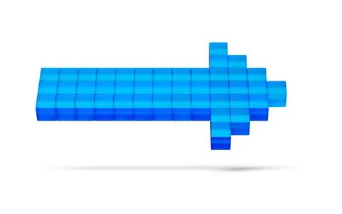Blue arrow made from cube voxels or pixels on white background pointing to th Ilustração Stock