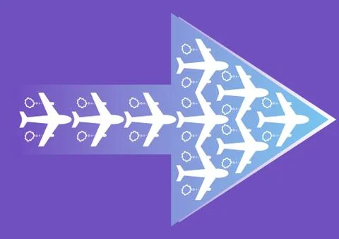 Blue arrow made of white plane symbols on blue background Stock Illustration