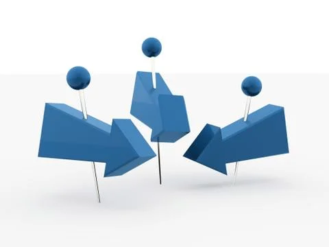 Blue arrow pierced with push pin rendered on dark background Stock Illustration