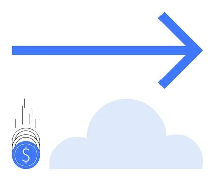 Blue Arrow Pointing Forward with Falling Coins Above a Cloud Ilustración de archivo