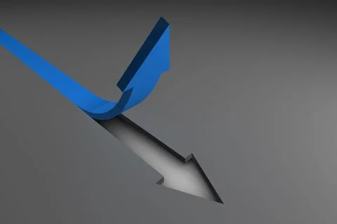 Blue arrow pointing up from grey surface Stock Photos