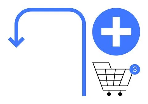 Blue arrow pointing to plus sign, blue add button, shopping cart with quantit 스톡 일러스트