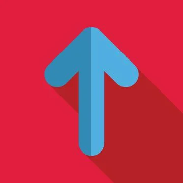 Blue up arrow pointing upwards with long shadow on red background Stock Illustration