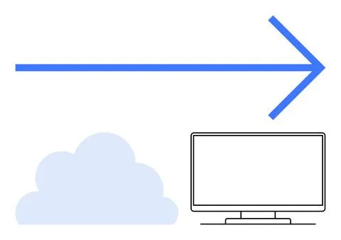 Blue arrow points right above a light blue cloud and a black-outlined compute Stock Illustration