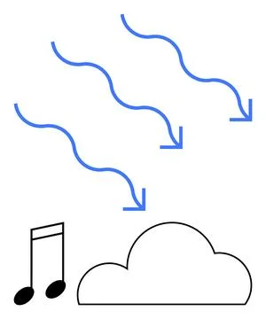 Blue arrows point down toward a cloud and music note, signifying downloading  Stock Illustration