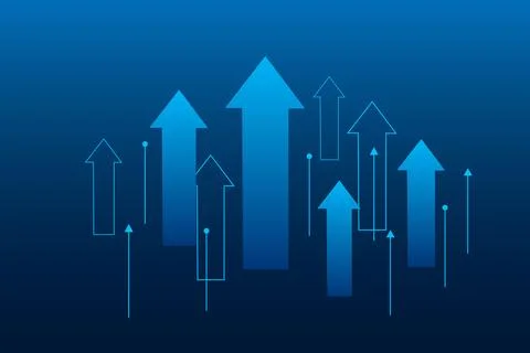 Blue arrows rise against a gradient sky. Stock Illustration