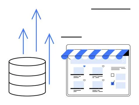 Blue arrows rising from a database symbolize data growth, connected to an onl 库存插图