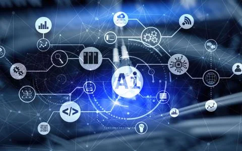 Blue Artificial Intelligence. AI. Infographic illustration on fantastic computer Stock Illustration
