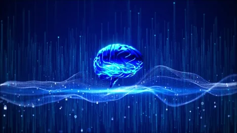 Blue artificial intelligence brain neural wave, security icons, vertical data li Stock Footage 340456096