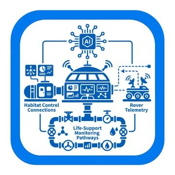Blue artificial intelligence network diagram showing lunar base telemetry c.. Illustration