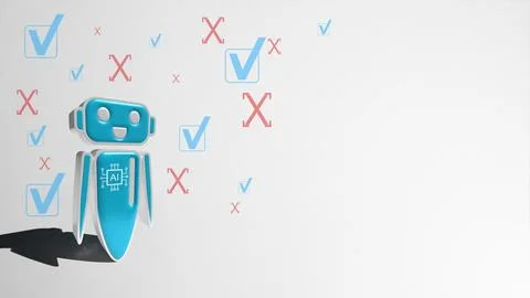 Blue artificial intelligence robot icon surrounded by floating blue checkma.. 写真素材