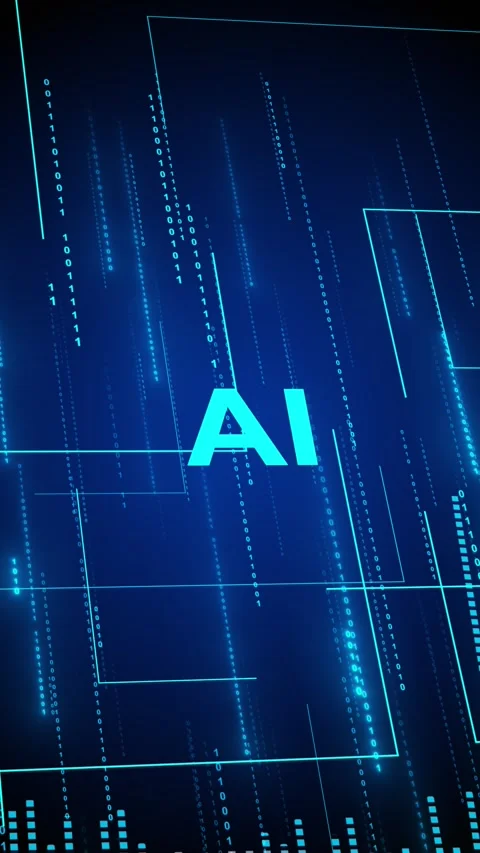 Blue artificial intelligence tech screen cyan AI text, data rain, thin digital Stock Footage 334122363