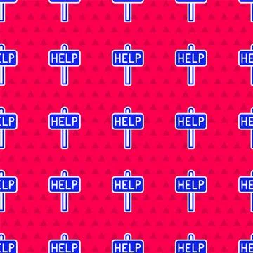 Blue Ask for help text icon isolated seamless pattern on red background. Vector Stock Illustration