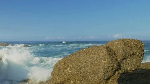 Blue Atlantic Ocean waves at the wild rocky beach Stock Footage 95546359