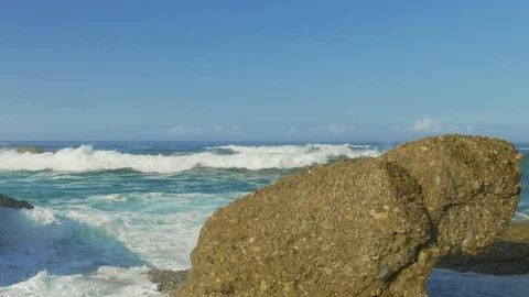 Blue Atlantic Ocean waves at the wild rocky beach Stock Footage 95547327