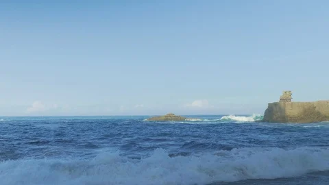 Blue Atlantic Ocean waves at the wild rocky beach Stock Footage 95548194