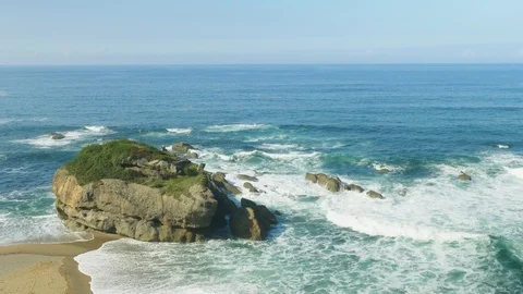 Blue Atlantic Ocean waves at the wild rocky beach Stock Footage 95554684