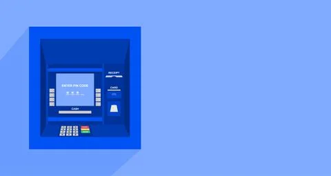 Blue ATM on blue background with copy space. Vector illustration Stock Illustration