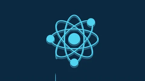 Blue Atom icon isolated on blue background. Symbol of science, education Stock Footage 235946848