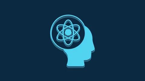 Blue Atom icon isolated on blue background. Symbol of science, education Stock Footage 235947120