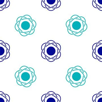 Blue Atom icon isolated seamless pattern on white background. Symbol of science Stockillustratie