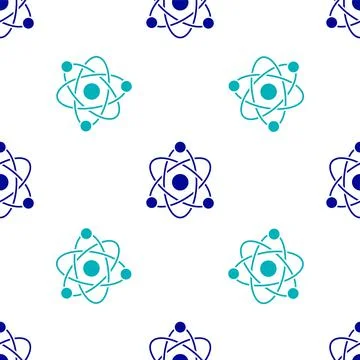 Blue Atom icon isolated seamless pattern on white background. Symbol of science Illustrazione stock