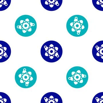 Blue Atom icon isolated seamless pattern on white background. Symbol of science Illustrazione stock