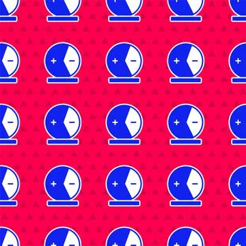 Blue Atom icon isolated seamless pattern on red background. Symbol of science Stock Illustration