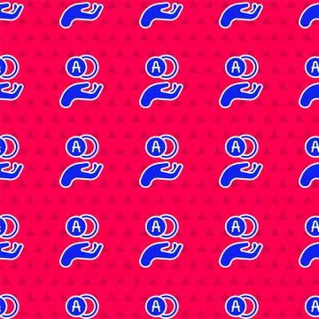 Blue Atom icon isolated seamless pattern on red background. Symbol of science 스톡 일러스트