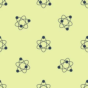 Blue Atom icon isolated seamless pattern on yellow background. Symbol of science Stock Illustration