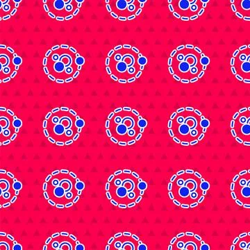 Blue Atom icon isolated seamless pattern on red background. Symbol of science Stock Illustration
