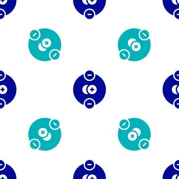 Blue Atom icon isolated seamless pattern on white background. Symbol of science 스톡 일러스트