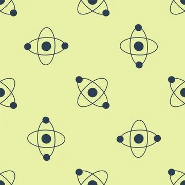 Blue Atom icon isolated seamless pattern on yellow background. Symbol of science Stock Illustration