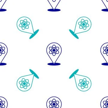 Blue Atom icon isolated seamless pattern on white background. Symbol of sci.. Illustrazione stock