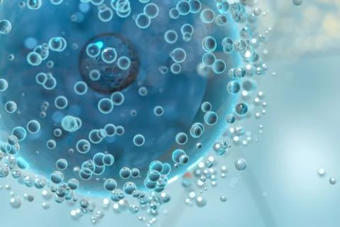 Blue atom spheres with bubbles on the surface, 3d rendering. Illustrazione stock