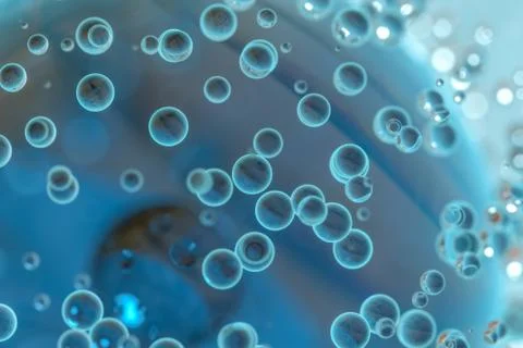 Blue atom spheres with bubbles on the surface, 3d rendering. Illustrazione stock