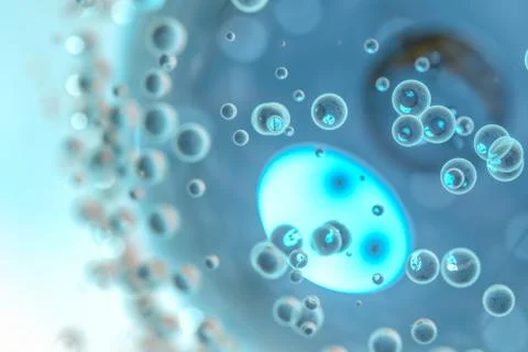 Blue atom spheres with bubbles on the surface, 3d rendering. Illustrazione stock