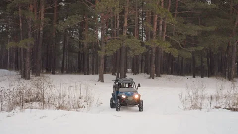 Blue atv crossing snowy pine forest, headlights on, helmeted rider navigates Stock Footage 334802733