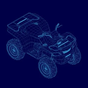 Blue atv with a engine and handle. The atv is shown in a 3D. Isometric view Illustration