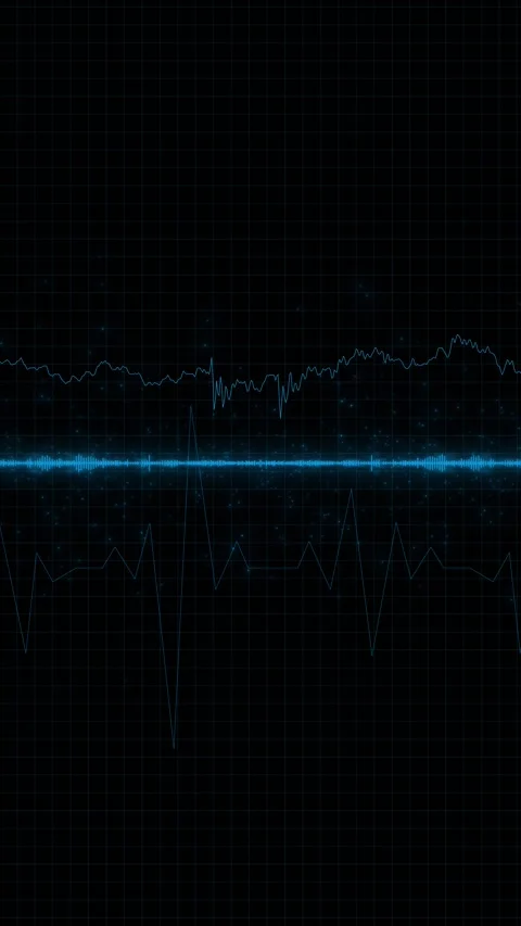 Blue audio waveform grid glowing sound waves, frequency graph lines, dark monito Stock Footage 340569414